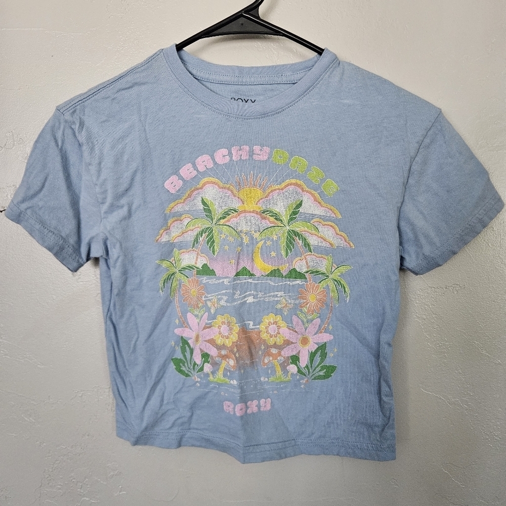 Roxy Girls Small Baby Blue Graphic Tee Tropical Print Short Sleeve Beachy Babe